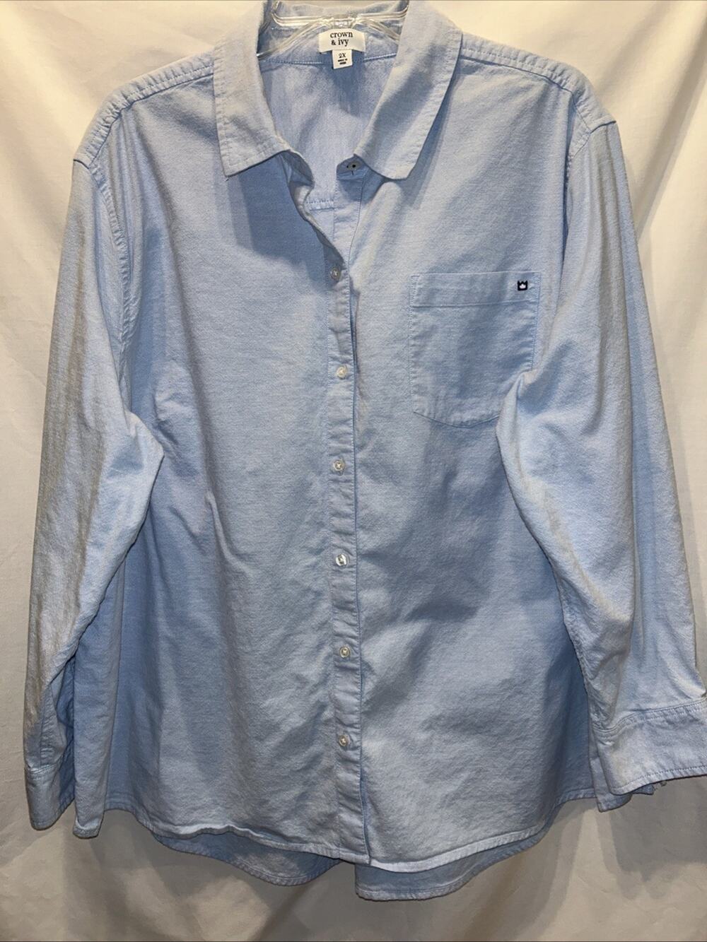 Crown & Ivy Woman 2x Button Up Sky Blue Cotton Long Sleeve Shirt Preppy Career